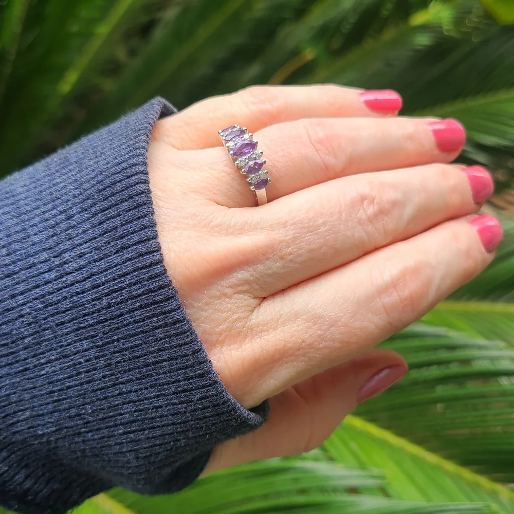 Sterling Silver Purple Marquise Amethyst Simulated Diamond Ring, Size 5.25